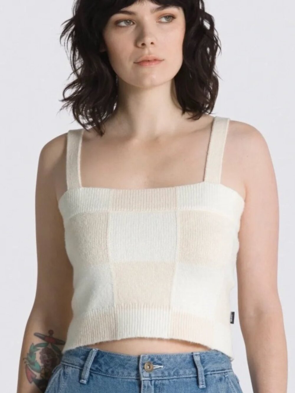 VANS Sydney Beige/White Checkered Cropped Sweater Tank Top sz S